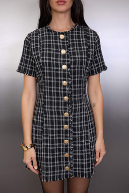 Siyah Ekose / Kareli Tuvit Dugme Detayl? K?sa / Mini Dokuma Gomlek Elbise TWOAW26EL00290