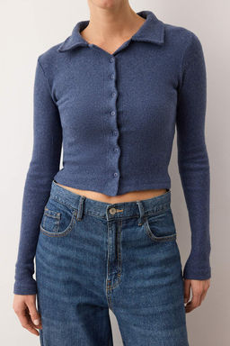 Indigo Dugme Detayl? Vucuda Oturan Crop Polo Yaka Fitilli Esnek Orme Bluz TWOAW22BZ0522