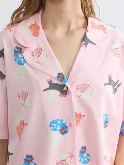 G?mlek Yaka Desenli Kad?n Pijama Tak?m