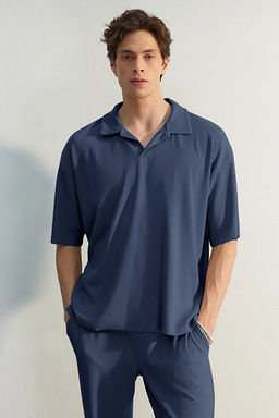 Indigo Oversize/Geni_ Kesim Dokulu Ottoman Polo Yaka T-Shirt TMNSS23PO00020