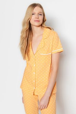 Trendyolmilla Seftali %100 Pamuklu Biye Detayl? Puantiyeli Gomlek-Pantolon Orme Pijama Tak?m? THMSS20PT0304
