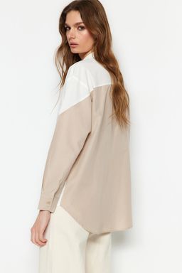 TRENDYOLMILLA Ekru Renk Bloklu Boyfriend Genis Kal?p Dokuma Gomlek TWOSS23GO00393  фото 7