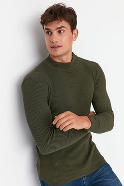 Haki Fitted Pamuklu Dar Kal_p Yar_m Bal_k__ Yaka Fitilli Triko Kazak TMNAW21KZ0568