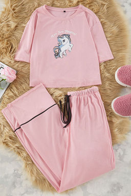 Trendyolmilla Siyah Pamuklu Eglence Bask?l? Biye Detayl? Orme Pijama Tak?m? THMSS21PT0953