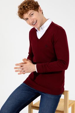 U. S. Polo Assn Мужской базовый трикотажный свитер бордового цвета с v-образным вырезом - U.s. polo assn фото 3