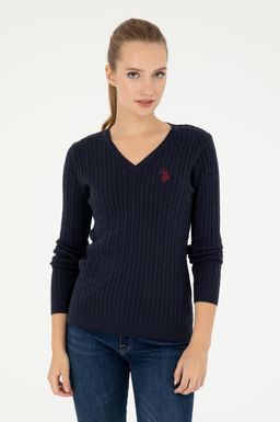Женский темно-синий базовый свитер с v-образным вырезом Неожиданная скидка в корзине