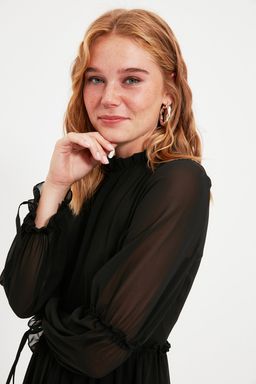 Trendyolmilla Mavi Duz Belden Ac?lan Dik Yaka Buzgulu Mini Astarl? Dokuma K?sl?k Elbise TWOAW20EL0345  фото 10