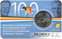 Монета 2 евро 2021 года Бельгия -100 лет Бельгийско-Люксембургскому экономическому союзу (Текст на лицевой стороне блистера на французском и немецком)