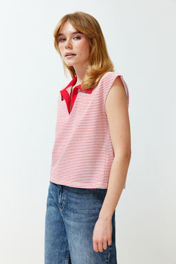 K?rm?z? Cizgili Kal?n Pamuklu Polo Yaka Regular/Normal Kal?p Orme T-Shirt TWOSS24TS00075