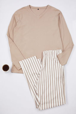 TRENDYOL MAN Ac?k Mavi Regular Fit Bask?l? Orme %100 Pamuk Pijama Tak?m? THMAW21PT0715