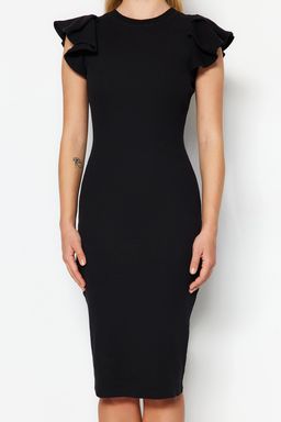 TRENDYOLMILLA Siyah Fitilli Kollar? Volanl? Bodycone/Vucuda Oturan Midi Esnek Orme Kalem Elbise TWOSS23EL01708  фото 4