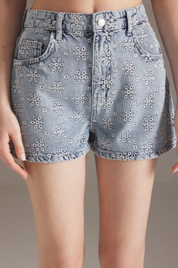 TRENDYOLMILLA Mavi Cicek Nak?sl? Yuksek Bel Denim Sort TWOSS25SR00059  фото 4