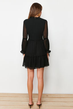 Trendyolmilla Mavi Duz Belden Ac?lan Dik Yaka Buzgulu Mini Astarl? Dokuma K?sl?k Elbise TWOAW20EL0345  фото 7