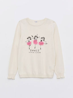 Bisiklet Yaka Bask?l? Uzun Kollu K?z ?ocuk Triko Kazak