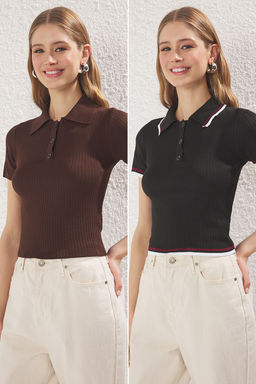 Siyah*001-Kahverengi Basic Polo Yaka Ikili Paket Triko Ince Bluz TWOSS25BZ00503