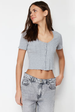 Trendyolmilla Ekru Patl? Crop Havuz Yaka Fitilli Esnek Orme Bluz TWOSS24BZ00364 фото 2