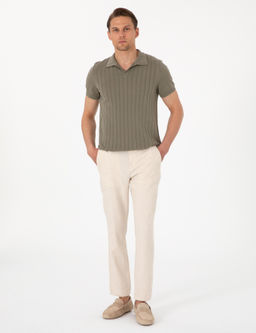 Bej Slim Fit Keten Kar___ml_ _izgili Kanvas Pantolon