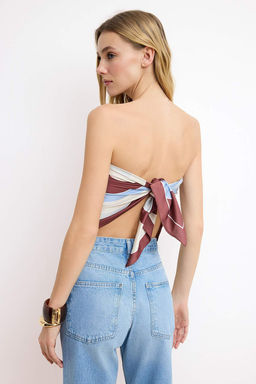 Kahverengi Geometrik Desen Farkl? Kullan?ma Uygun Saten Sal Bluz TWOSS26BZ00332