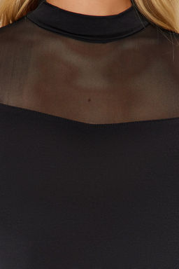 Siyah Slim Tul Detayl? Uzun Kollu Dik Yaka Alttan C?tc?tl?Esnek Orme Body TWOAW24BD00049