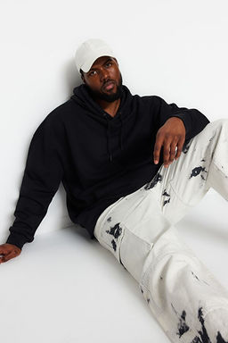 Siyah B_y_k Beden ap__onlu Oversize/Geni_ Kesim __i Polar/S_cak Tutan Sweatshirt TMNAW24AO00013 - Trendyolmilla фото 2