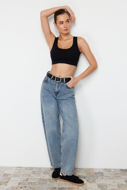 Siyah Ask?l? Super Crop Fitilli Esnek Orme Atlet TWOSS24AL00023