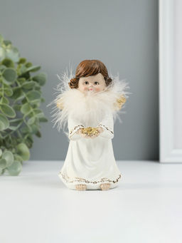Фигурка полистоун «Ангелочек со звёздами в ладонях», пух, золотые крылья, 8.5×7×13 см