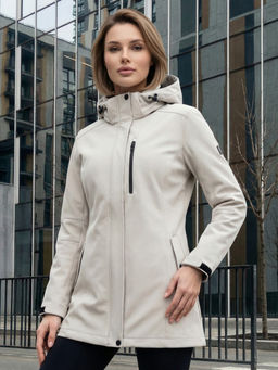 Парка женская софтшелл виндстоппер удлинённая с капюшоном белого цвета 9618_1Bl