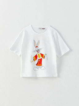 Bisiklet Yaka Bugs Bunny Bask?l? K?sa Kollu K?z ?ocuk Ti??rt