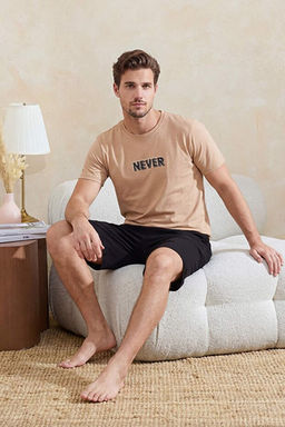 Bej Regular Slogan Bask_l_ %100 Pamuk Yazl_k _rme Pijama Tak_m_ TMNSS26PT00059