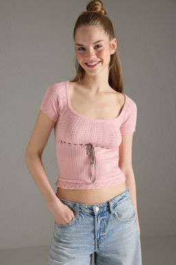 Trendyolmilla Ekru Premium Iplik/Ozel Iplik Kurdele Detayl? Kare Yaka Triko Bluz TWOSS25BZ00182  фото 6