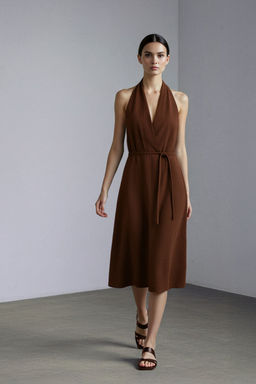 Trendyolmilla Kahverengi Keten Kar?s?ml? A Kesim Midi Dokuma Elbise TWOSS25EL00706