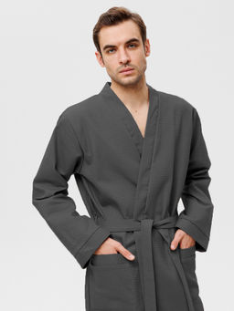 Мужской вафельный халат с планкой темно-серый В-03 (32)