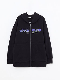 Kap??onlu Bask?l? Uzun Kollu Erkek ?ocuk Fermuarl? Sweatshirt