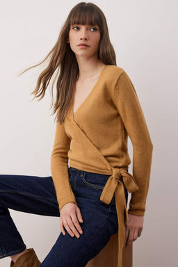 Camel Yumusak Dokulu K?sa/Crop Kruvaze Baglama Triko Kazak TWOAW26KZ00070