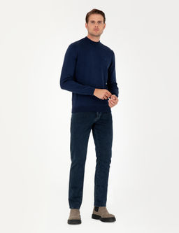 A__k Lacivert Slim Fit Yar_m Bal_k__ Yaka Basic Triko Kazak