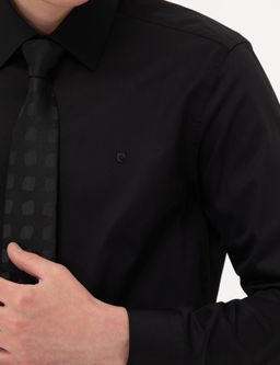Siyah %100 Pamuk Parlak Saten Slim Fit Uzun Kollu Basic G_mlek