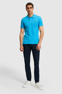 Erkek Slim Fit Polo Yaka Kobalt Mavi Basic Ti__rt