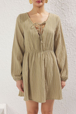 Haki Dokuma Baglama Detayl? Plaj Mini Elbise TBESS23EL00103