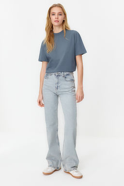 Koyu Gri %100 Pamuk Basic Regular/Normal Kal?p Dik Yaka Orme T-Shirt TWOAW20TS0096