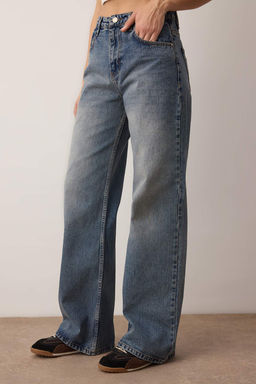 Koyu Mavi Yuksek Bel Wide Leg Palazzo Jeans TWOAW26JE00269 - Trendyolmilla фото 3
