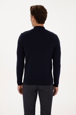 Erkek Slim Fit Yar_m Fermuarl_ Lacivert Kazak