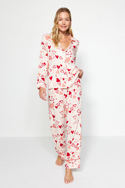 Kad?n Mini Me/Anne K?z Cok Renkli Kalpli Biyeli Viskon Dokuma Pijama Tak?m? THMAW24PT00091 - Trendyolmilla фото 3