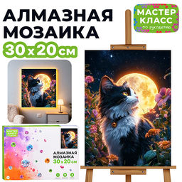 Мозаика алмазная "Черно-белый котик" (светится в темноте) 30*20 см.