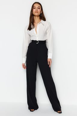 Siyah Kemerli Wideleg/Genis Paca Yuksek Bel Smart Krep Kumas Orme Pantolon TWOSS23PL00330