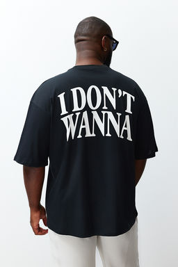 Buyuk Beden Siyah Oversize Yaz? Bask?l? %100 Pamuklu T-shirt TMNSS24BF00031