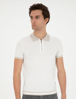 Beyaz Slim Fit Fermuarl_ Polo Yaka Triko T-shirt