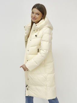 Пальто утепленное стеганное зимнее с капюшоном женское светло-бежевого цвета 9636_1SB