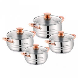 "Zeidan" Набор кастрюль из нержавеющей стали 4 штуки: 2,0л д16см; 2,7л д18см, 3,6л д20см, 6,1л д24см, стеклянные крышки, ручки на корпусе и крышке "под золото", комбинированная полировка снаружи, матовая полировка внутри, 3-х слойное капсулированное