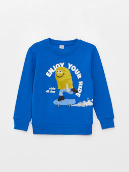 Bisiklet Yaka Bask?l? ?ift Y?nl? Payetli Uzun Kollu Erkek ?ocuk Sweatshirt