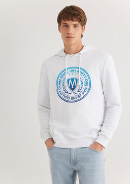 Muhur Logo Bask?l? Kapusonlu Beyaz Sweatshirt
